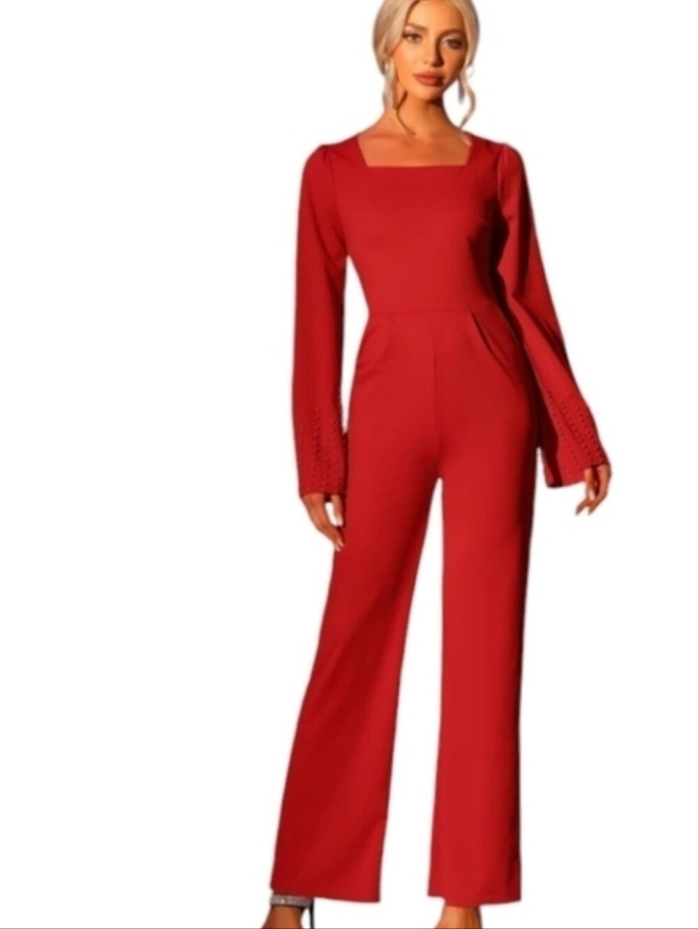 New Red Jumpsuit knit pearl encrusted slit bell sleeves square neck NWT sz L